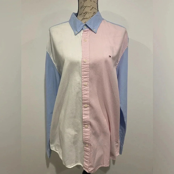 Tommy Hilfiger Long sleeve button down blue pink white color block shirt size XL - Picture 2 of 11